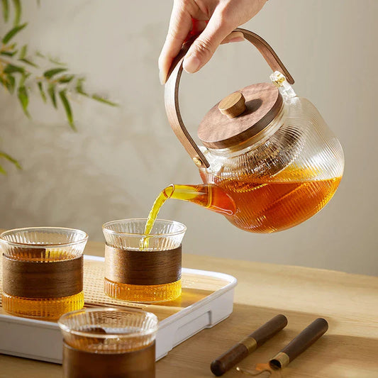 DecorBites™ Glass Tea Pot With Steel Filter & Wooden Handle, Steaming Tea Set